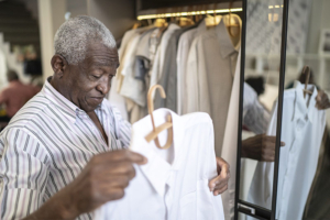 An older man experiencing dementia-related clothing problems chooses a shirt from his closet.