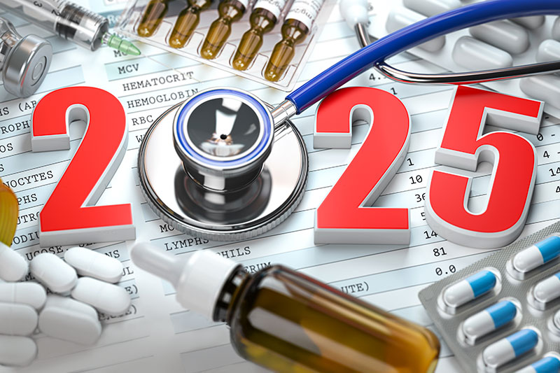 The number 2025 surrounded by medical supplies represents new trends in healthcare in the coming year.